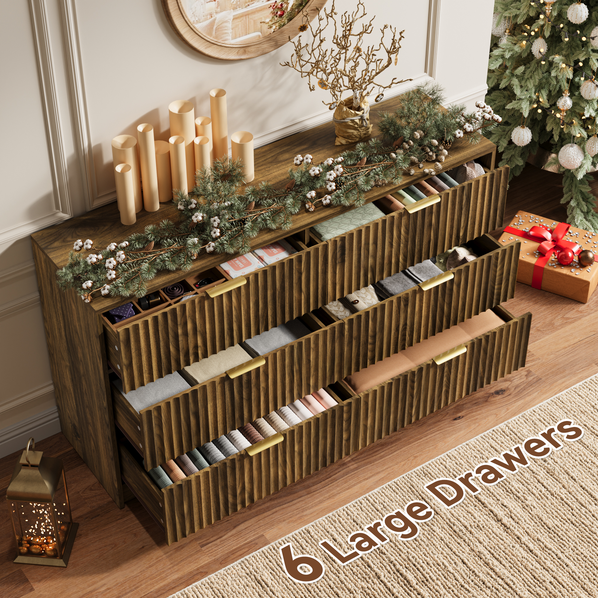 YouTrend 6 Drawer Dresser for Bedroom,55.1"Width Fluted Wood Chest of Drawer with Golden Embedded Handles for Living Room,Brown