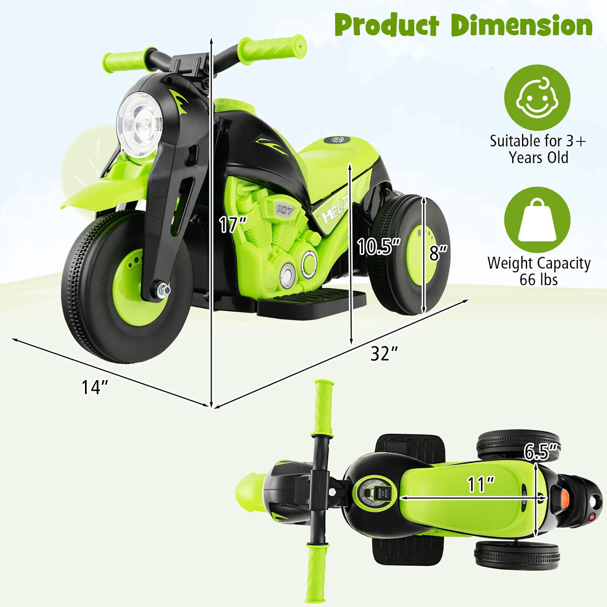 Gymax 6V Kids Bubble Car Electric Ride on Motorcycle w/ Music Button & LED Headlight Green
