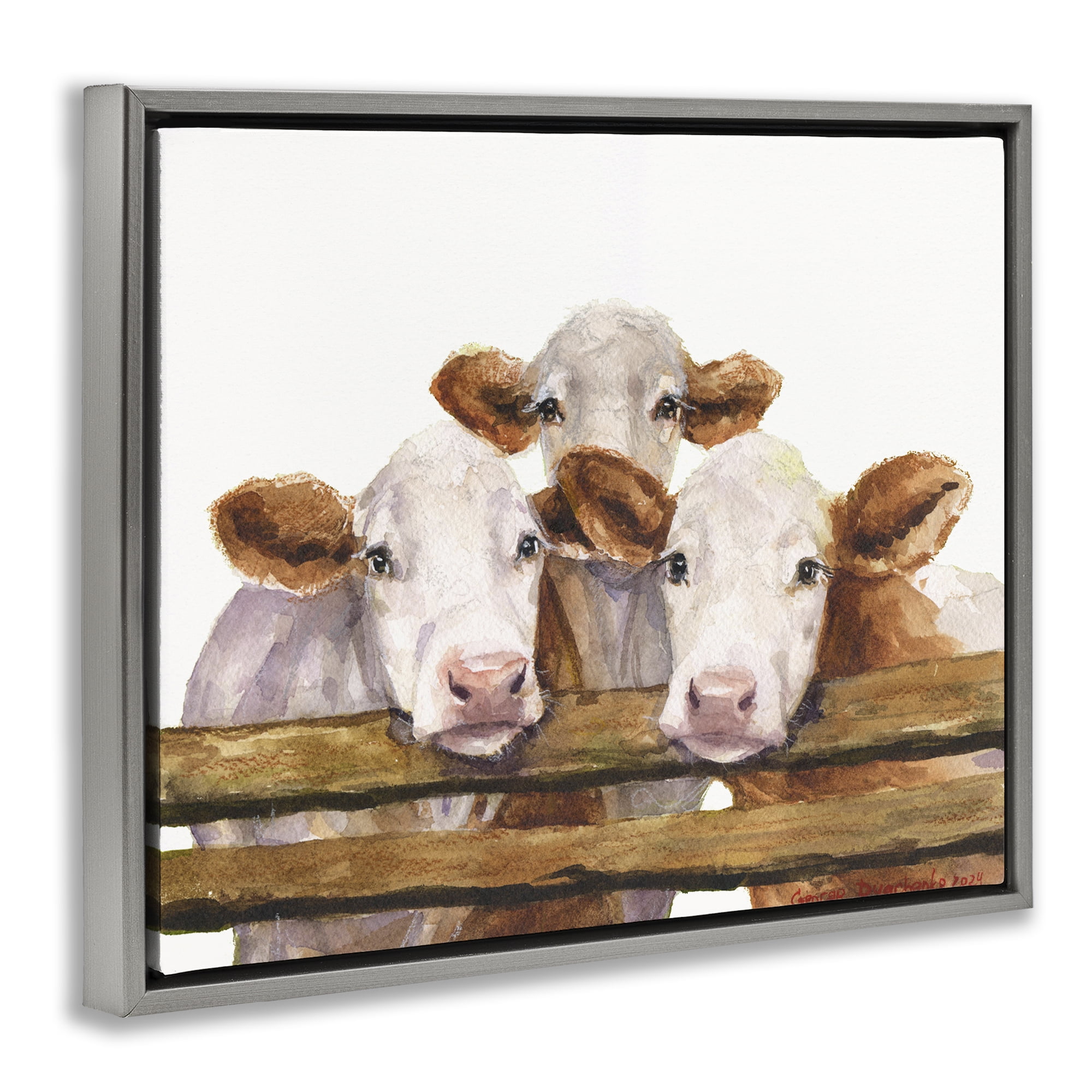 Stupell Industries Three Cow Friends Animals Painting Gray Floater Framed Canvas Art Print Wall Art, 31 x 25