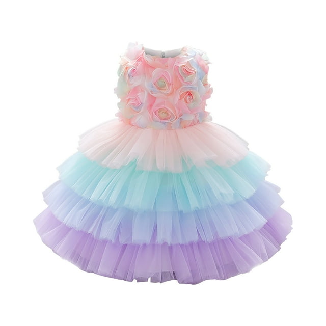 Toddler Girls Gradient Color Net Yarn Mesh Flowers Birthday Party Kids Formal Princess Dresses