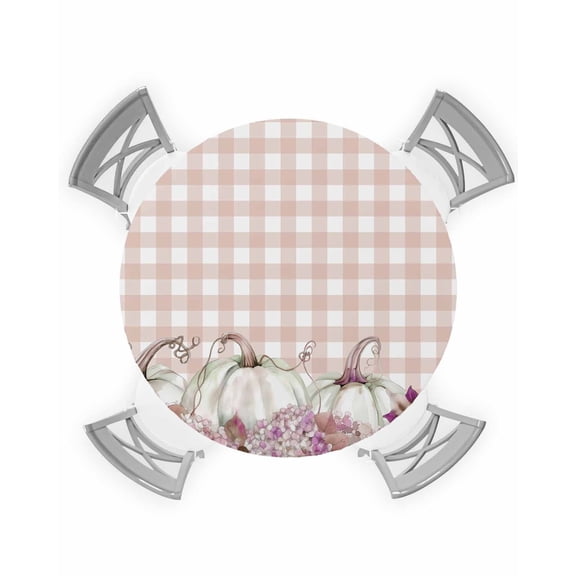 nqOlkjepod Red Pumpkins Floral Fall Round Tablecloth, Fitted Table Cover with Elastic for 55"-60" Round Tables, Thanksgiving Plaid Watercolor Table Cloth Outdoor Dinning Party Waterproof Tablecloths