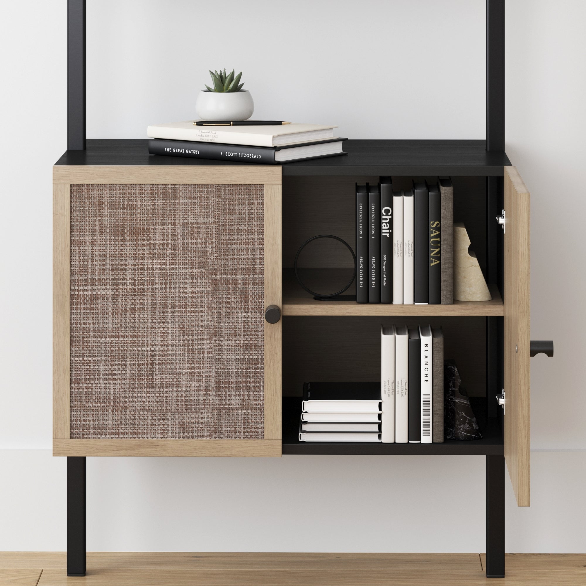 Nathan James Theo Modern Bookcase with Rattan Cabinet in Matte Black and Light Oak Finish with Matte Black Metal Frame for Living Room, Home Office Storage