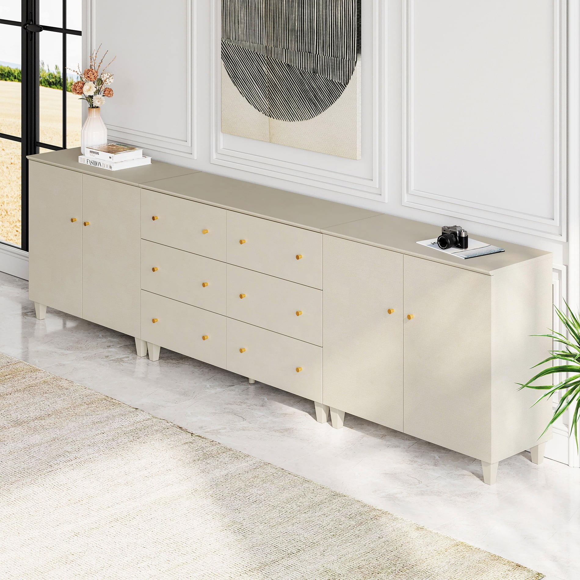 3 In 1 TV Stand For Tvs Up To 100 Inch, Modern Entertainment Center With Glass Doors And Metal Legs, TV Console With Adjustable Shelf For Living Room, Bedroom,Beige