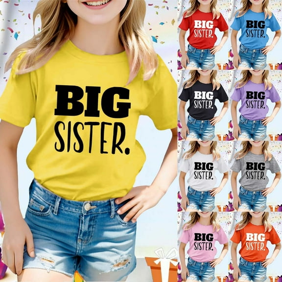 Girls T Shirts Big Sister Letter Print Shirt Toddler Crew Neck Short Sleeves Black Girls Athletic Tops 3-4 Years