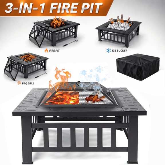 32'' Multipurpose Fire Pit, Outdoor Fire Pit Table for Net Lid/Poker, Square Bronze Firepit Stove for Outside Camping Backyard Bonfire