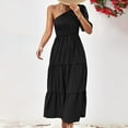 thumbnail image 2 of Edvintorg Women's 2025 Solid Summer Dress One Shoulder Sundresses Short Sleeve Casual Ruffle Party Beach A-Line Dresses Maxi Dresses for Women Black M, 2 of 7