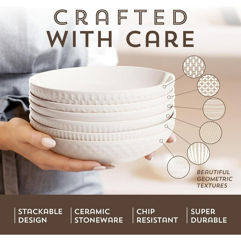 Maison Neuve White Ceramic Bowls Set of 6, 34oz Textured Dinner