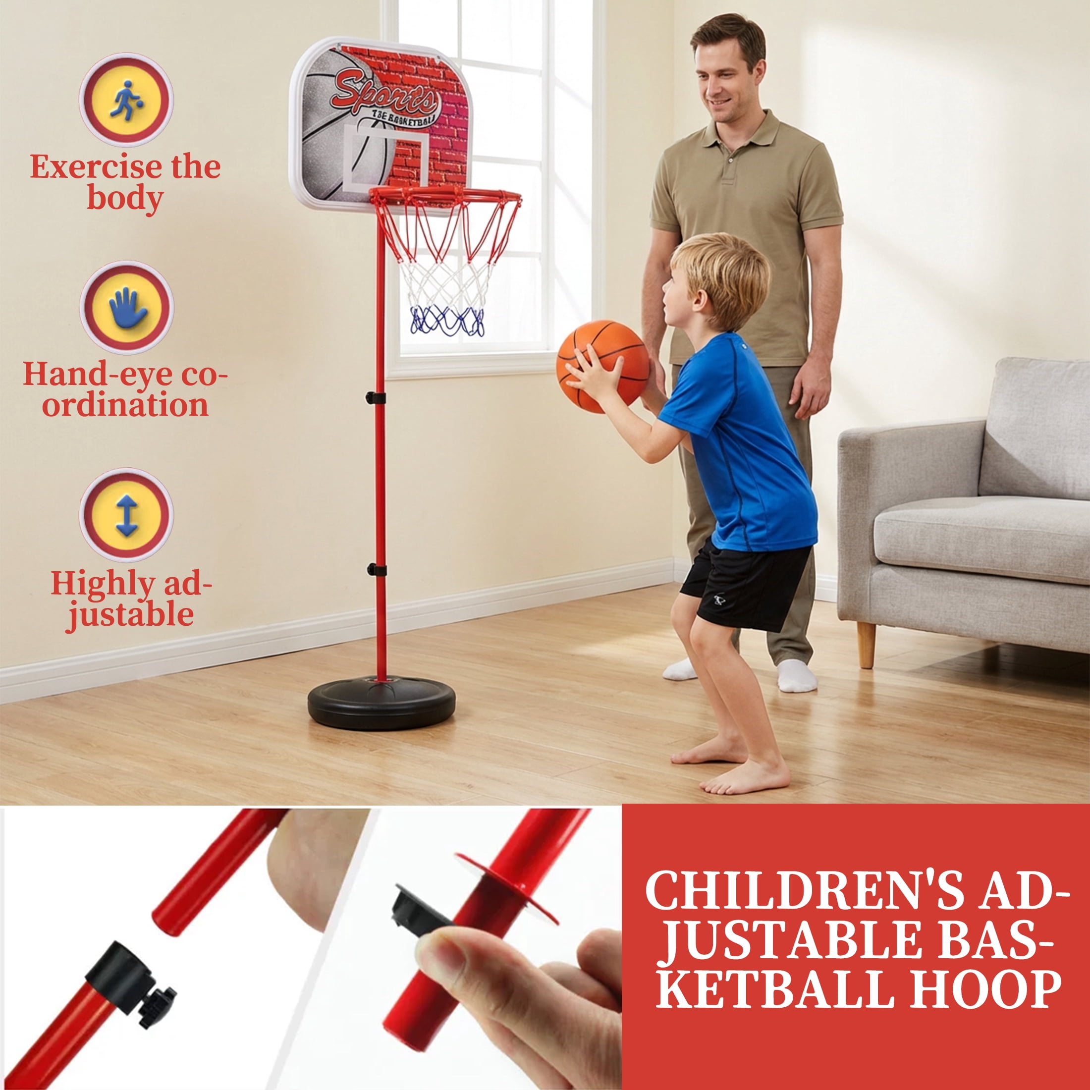 Adjustable Basketball Hoop Set, Up to 5FT Height, 13.4" Compact Backboard, Portable with Basketball, Ball Pump & Assembly Wrench for Indoor Outdoor