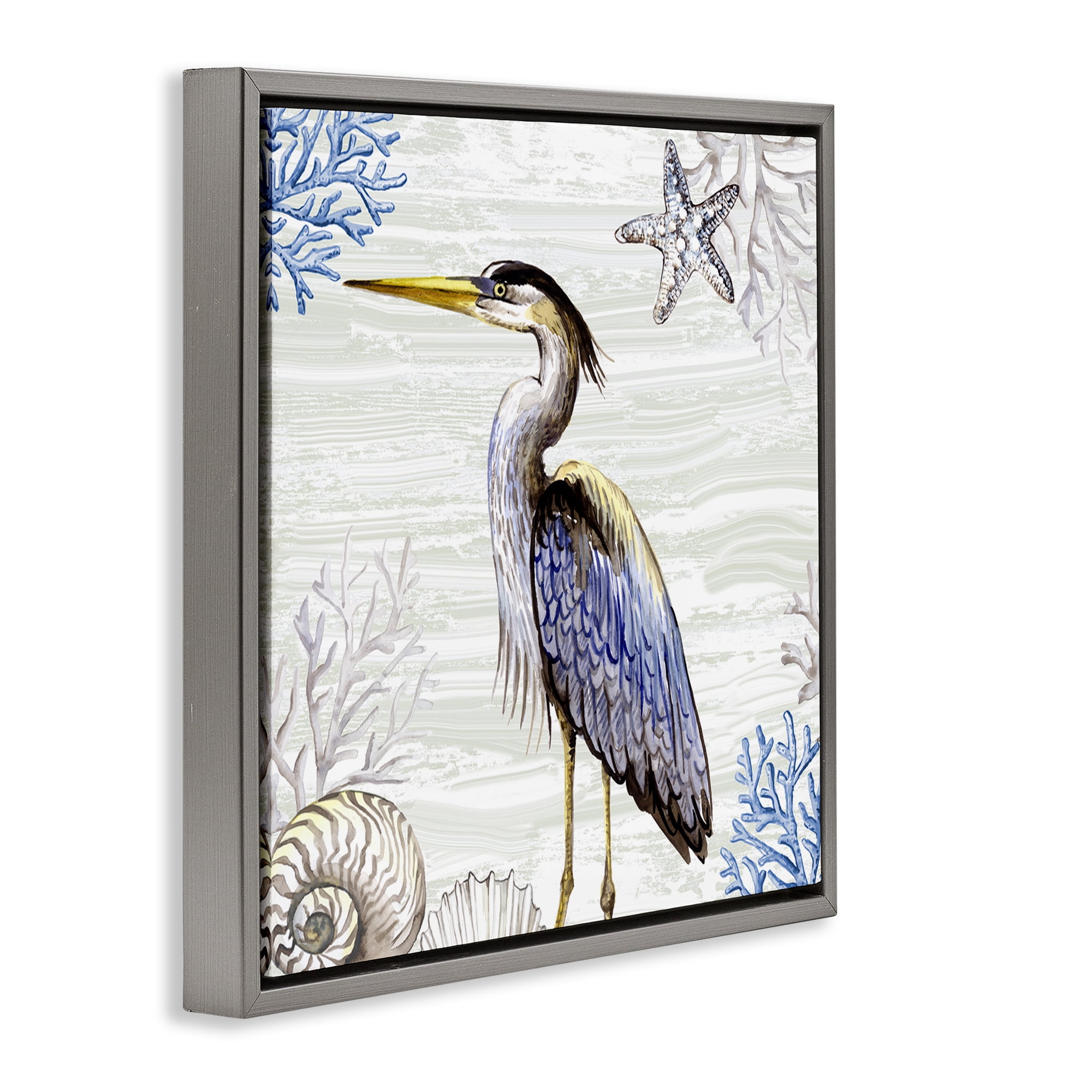 Stupell Industries Beach Bird Heron & Coral Animals Painting Gray Floater Framed Canvas Art Print Wall Art, 18 x 18