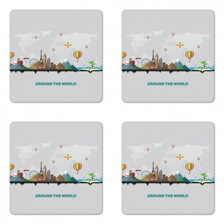 

Travel Coaster Set of 4 Around the World Typography with Famous Touristic Landmarks and Map Square Hardboard Gloss Coasters Standard Size Pale Grey and Multicolor by Ambesonne