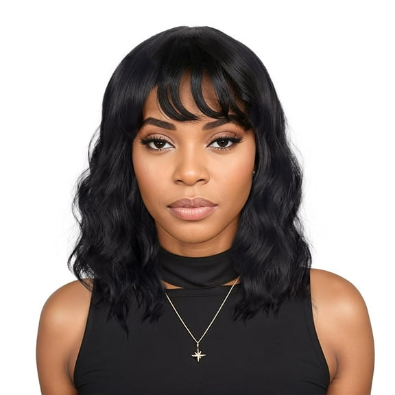 Shoulder Length Natural Black Wavy Bob Wigs For Women Short Wavy Wigs With Bangs Synthetic Wavy Wigs Heat Resistant Daily Use Wigs(Natural Black)