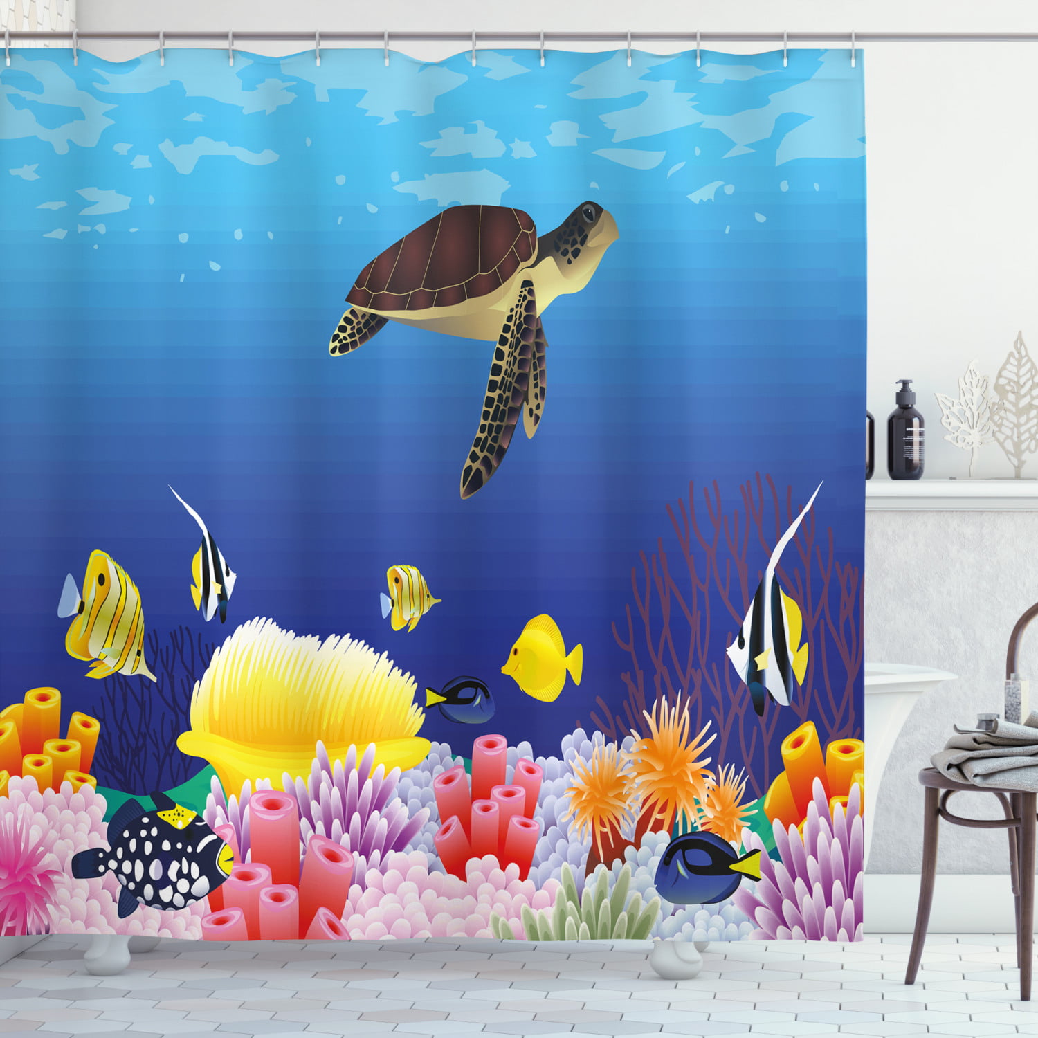 Cartoon Seabed Plants Tropical Fish Fabric Shower Curtain Set Bathroom Decor 