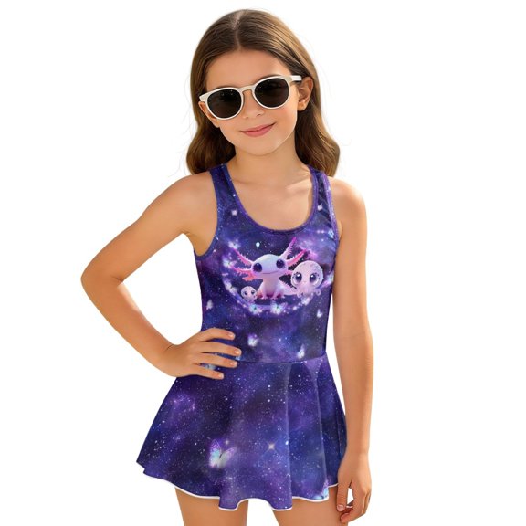 Uourmeti Galaxy Cartoon Axolotl & Octopus Print Girls Skirted One Piece Swimsuit - Quick Dry Stretchy Swim Dress for Beach Pool & Vacation
