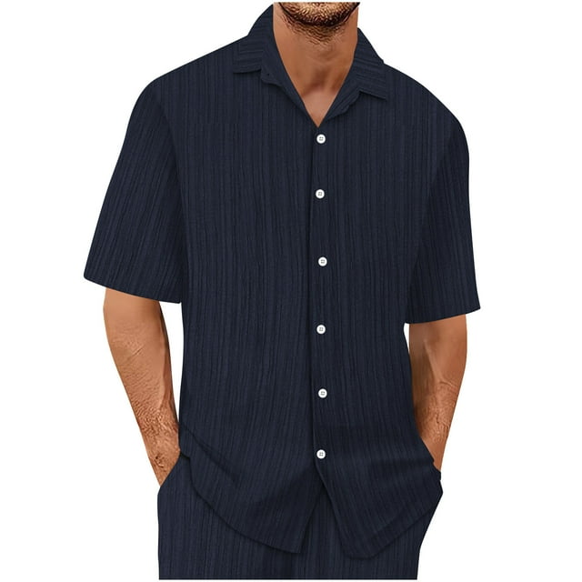 Blusa y camisa de manga corta con cuello vuelto para hombre, conjunto informal de verano a la moda de color liso con manga corta, solapa, cordón y cintura elástica
