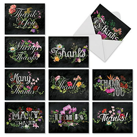 'M2358TYG CHALK AND ROSES' 10 Assorted Thank You Notecards Featuring Chalkboard Styled Written Gratitudes Combined with Beautiful and Colorful Floral Sprays with Envelopes by The Best Card (The Best Ant Spray)