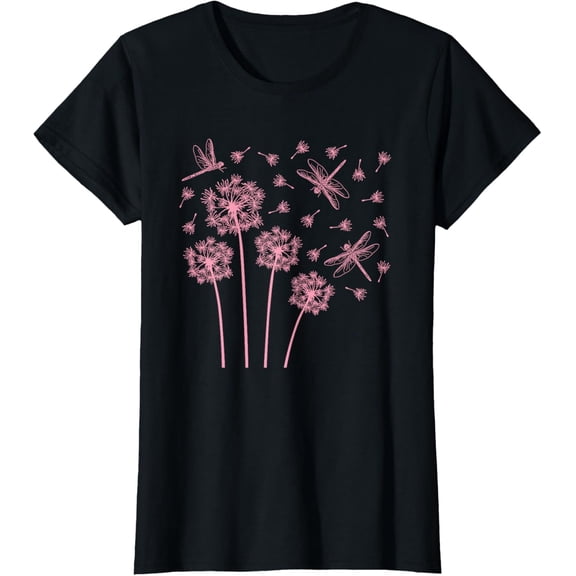 Pink Dandelion Flower Dragonfly Wildflower Women Girls T-Shirt men and women can wear, black, white, gifts