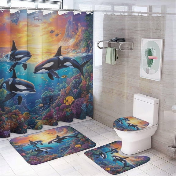 4Pcs Underwater Ocean Orcas Shower Curtain Set with Toilet Lid Cover Non-Slip Rugs for Bathroom, Colorful Fish Coral Whale Shower Curtain Bathroom Sets with Hooks, 72x72 Inch