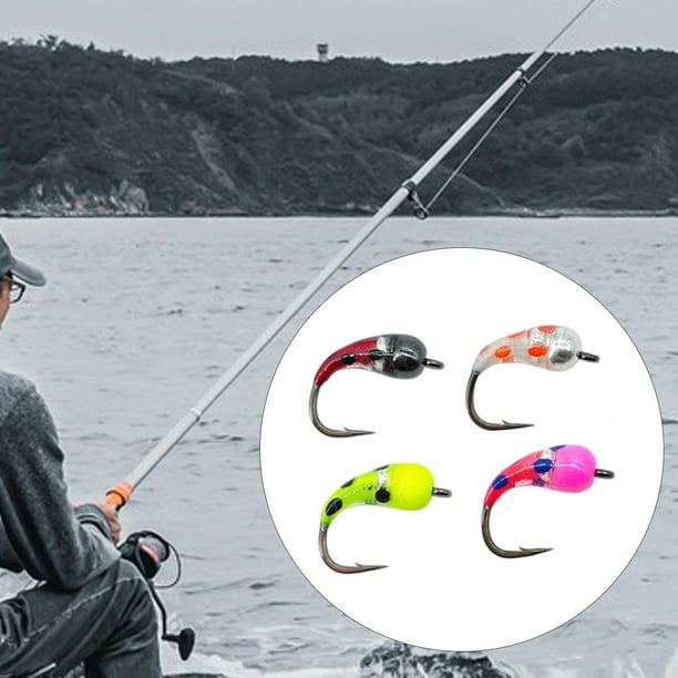 4 para pesca en hielo con caja de almacenamiento, tamaño 10, con anzuelo que se hunde, señuelos para pesca con mosca para perca, trucha, pargo,