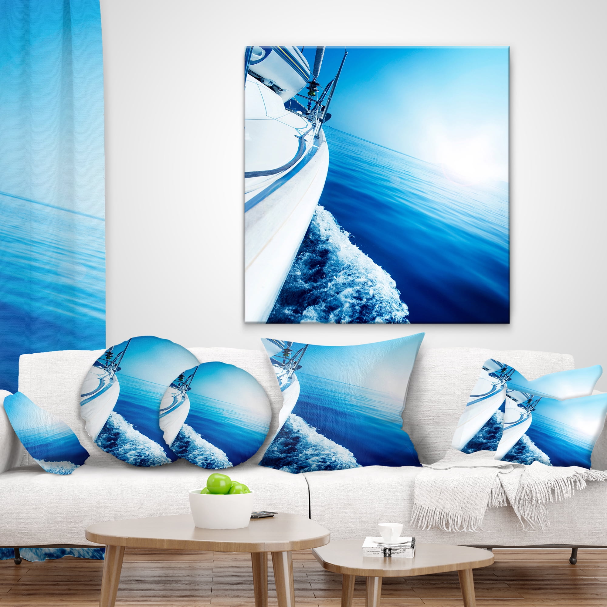 Designart Luxury Yacht Sailing in Blue Sea - Seashore Throw Pillow - 18x18