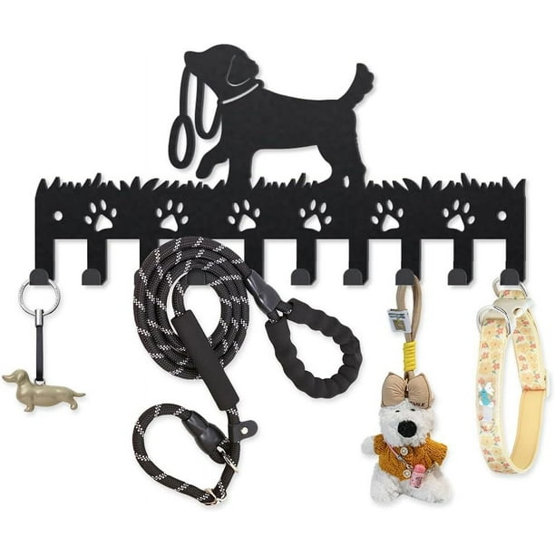 Perchero de pared de metal con correa para perro, 25 x 12 cm, 10 ganchos decorativos con forma de pata, color negro