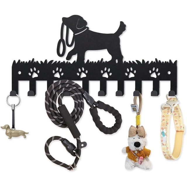 Perchero de pared de metal con correa para perro, 25 x 12 cm, 10 ganchos decorativos con forma de pata, color negro