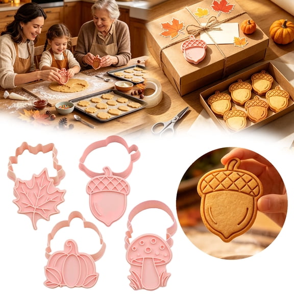 Thanksgiving Cookie Cutter & Embosser Set – 4 Piece Fall Baking Stamps with Pumpkin, Acorn, Mushroom, Maple leaf, 3-Inch Designs for Cookie Dough, Fondant & Craft Clay