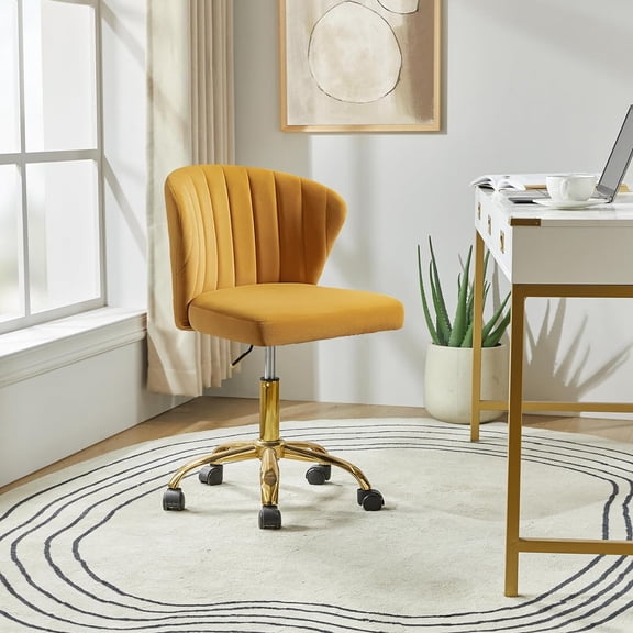 HULALA HOME Home Office Desk Chair with Gold Wheels, Small Cute Vanity Chair with Back for Bedroom, Adjustable Rolling Task Work Seat for Women/Girls, Mustard