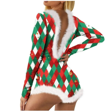 

Women’s Christmas Not Positioned Print V-neck Backless Feather Detail Long Sleeve Sexy Bodysuit Sexy Lingerie Pajamas before christmas pajamas Green XXL