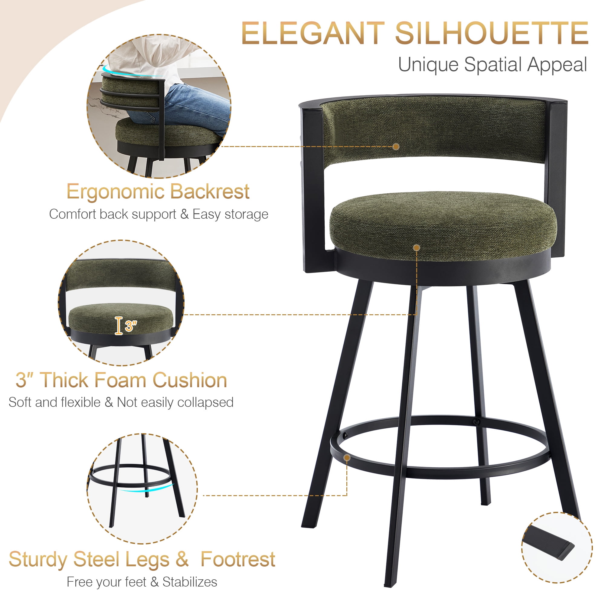 Zesthouse 26.6″ Swivel Bar Stools Set of 2, Linen Upholstered Counter Stools with Barrel Back and Metal Legs, Modern Counter Height Barstools for Kitchen Island, Green