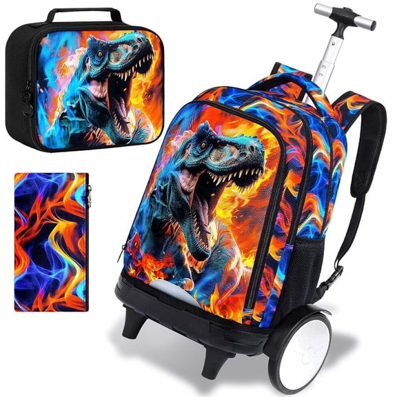 20 Inches Large Wheels Rolling Backpack for Boys with Detachable, 3Pcs Kids Fire Dinosaur Wheeled Backpack Set for Elementary School (Red)