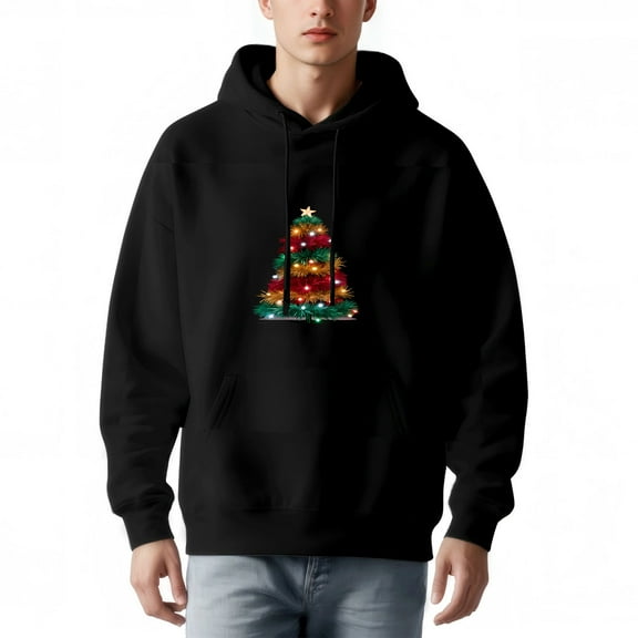 Men's Long Sleeve Hoodie Pullover Sweatshirt - Black with Colorful Christmas Tree Design Ornaments Lights & Front Pocket