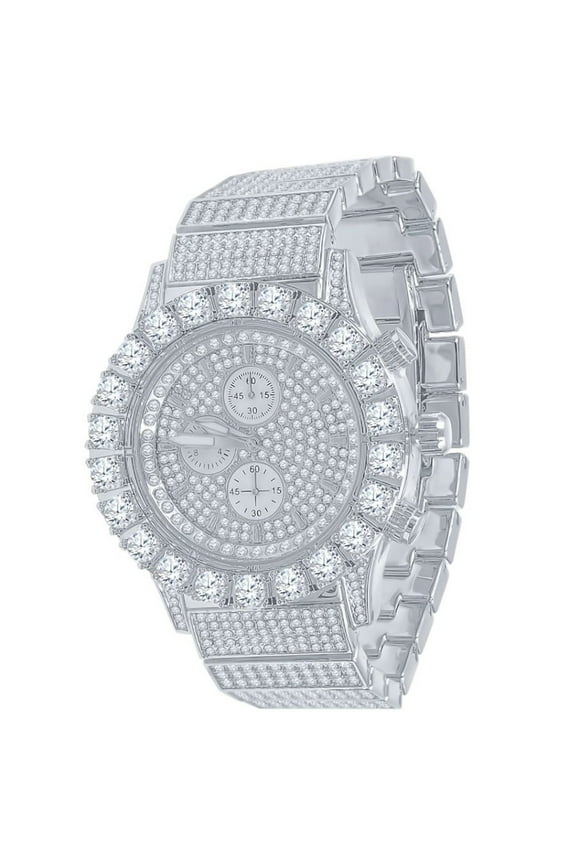 Solitaire Prong Simulated Diamond 18K White Gold Finish 5 ATM Water Resistant Solid Stainless Steel Back Mens Pave Metal Watch W/Date Function