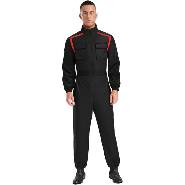 Oyolan Men Racer Jumpsuit Racing Car Driver Costume Long Sleeve Zipper Mechanic Coveralls with Pockets Black 3XL