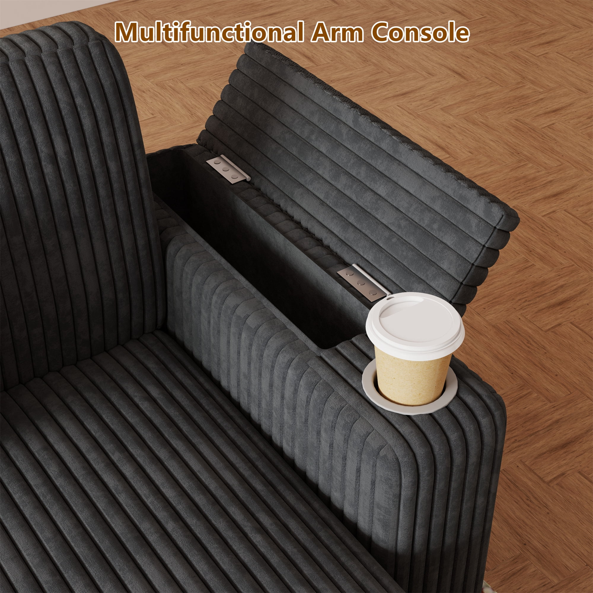 Aukfa 6 Seat L shape Sectional Couch Convertible Sofa Bed with USB &Cupholder Arm Storage Console, Floating Desktop, 4 Pillows, Corduroy, Dark Gray