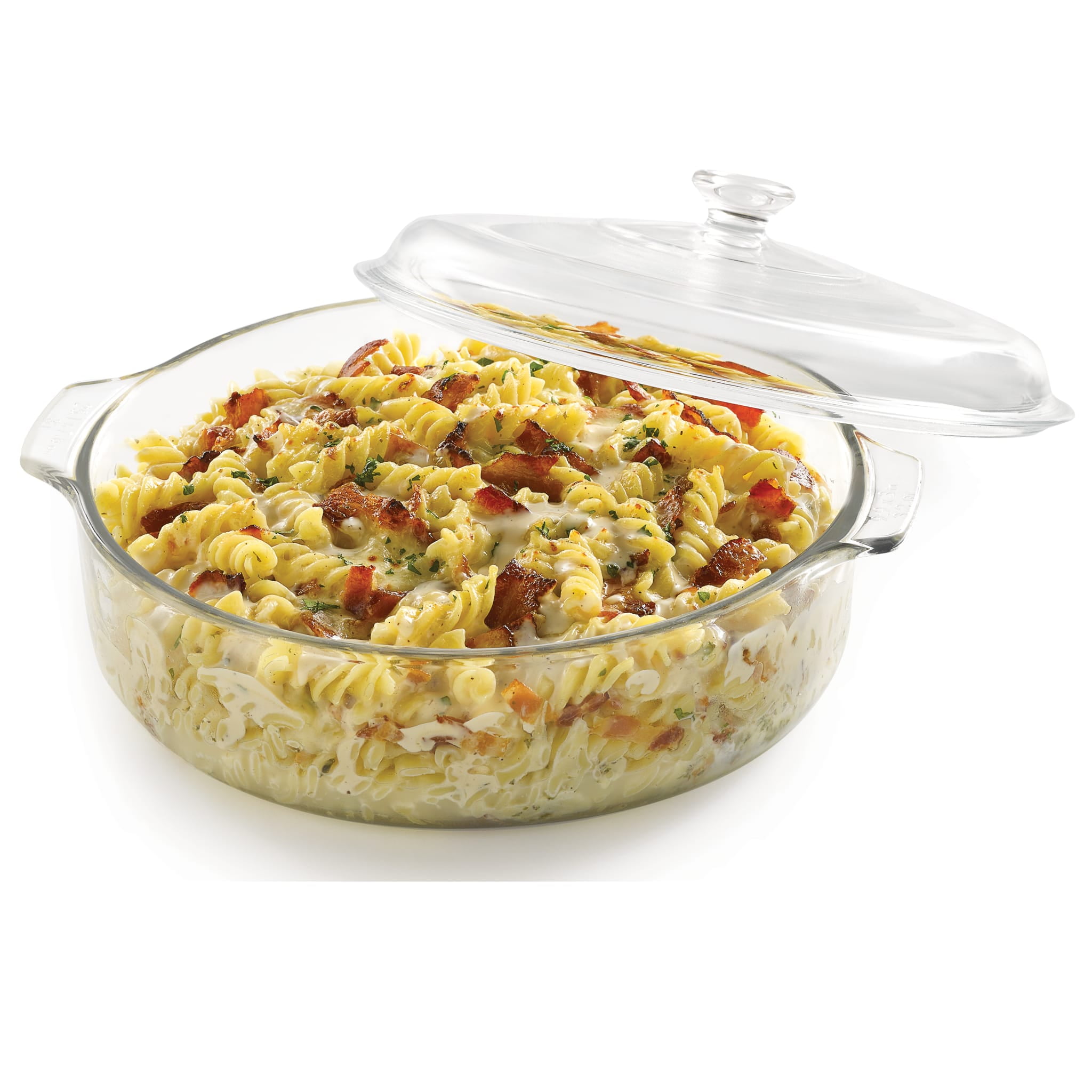 Libbey Bakers Basics Glass Casserole Dish, Stackable, Clear Versatile 3 Qt Casserole Dish, Round Baking Dish with Cover for Food Prep and Baking