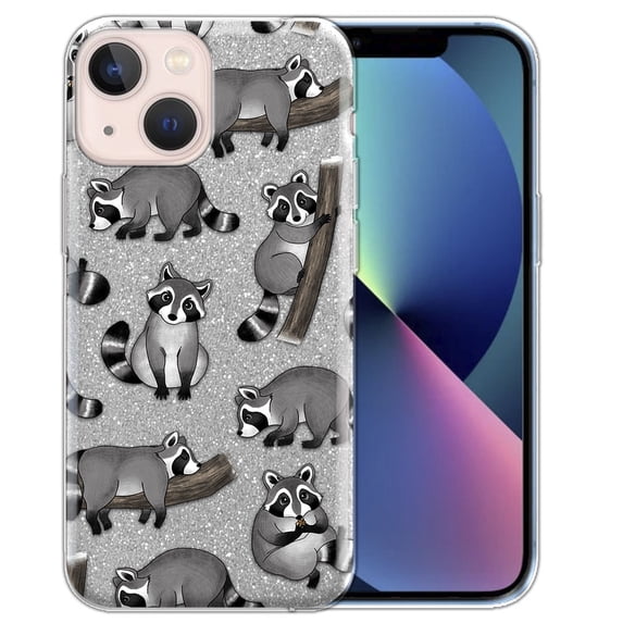WIRESTER Silver Glitter Case, Sparkle Bling TPU Cover for Apple iPhone 13 mini 5.4" 2021, Raccoon Funny Playful Postures