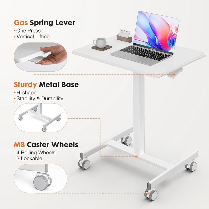 TINKLE WELL Mobile Standing Desk, Height-Adjustable Portable Rolling Laptop Workstation with Lockable Wheels, Sit-Stand Desk, White
