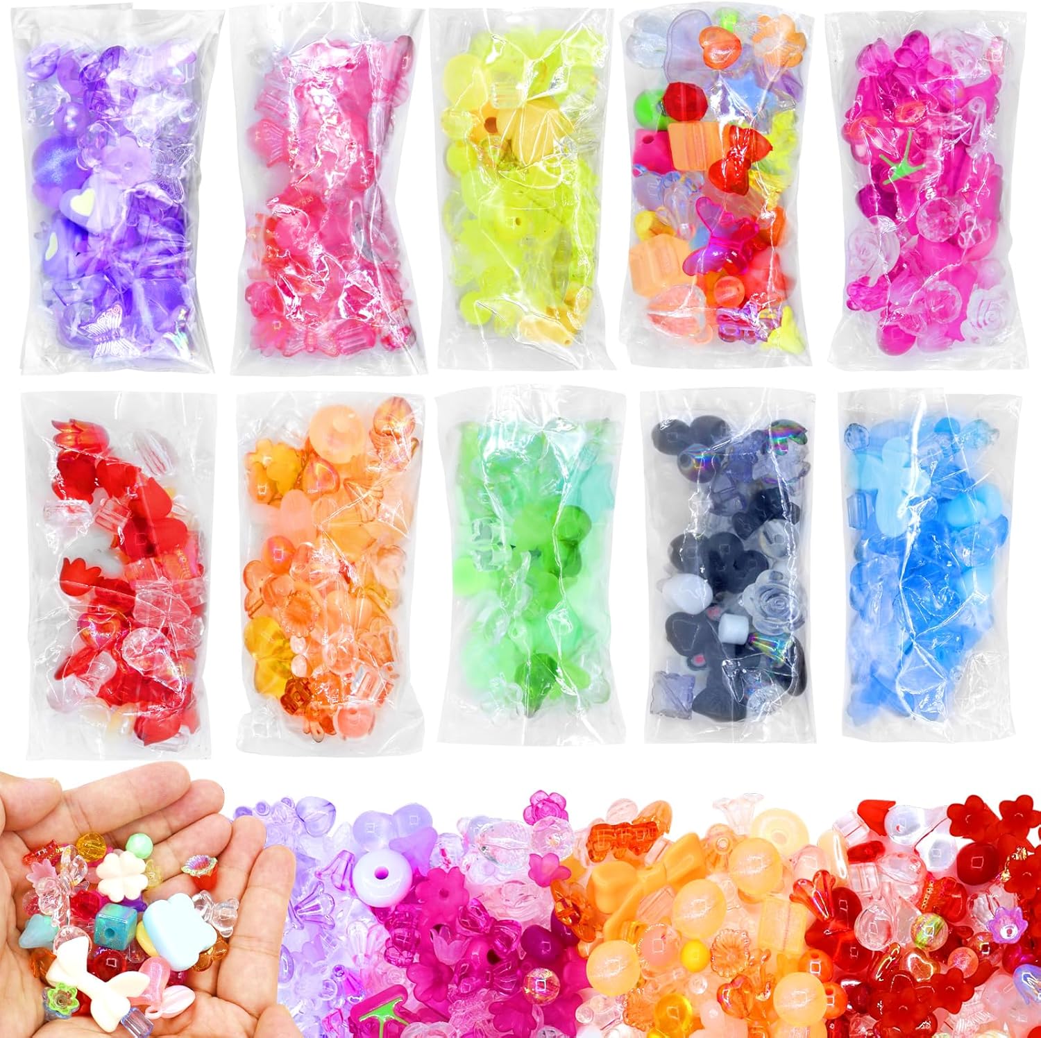 500PCS Acrylic Assorted Beads Flower Sweetheart Butterfly Candy Acrylic Kawaii Aesthetic Beads for Bracelets DIY Jewelry Making (10 Candy Colors)