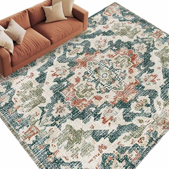 6x9 Area Rugs for Living Room, Green Orange Boho Non Slip Area Rugs for Kitchen Bedroom Entryway, Abstract Medieval Vintage Ethnic Floral Washable Carpet Runner Rug Floor Mats for Bedroom Home Decor
