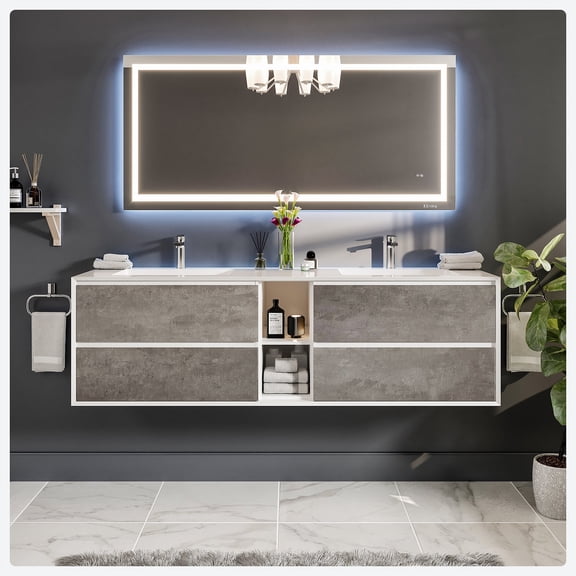 Eviva Vienna 75 in. Cement Gray Wall Mount Bathroom Vanity with White Integrated Acrylic Sinks