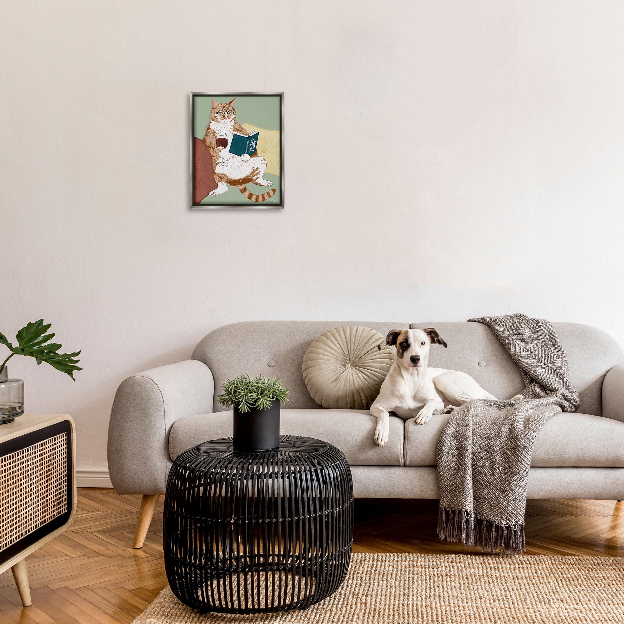 Stupell Industries Cat Reading with Wine Animals & Insects Painting Gray Floater Framed Canvas Art Print Wall Art, 17 x 21