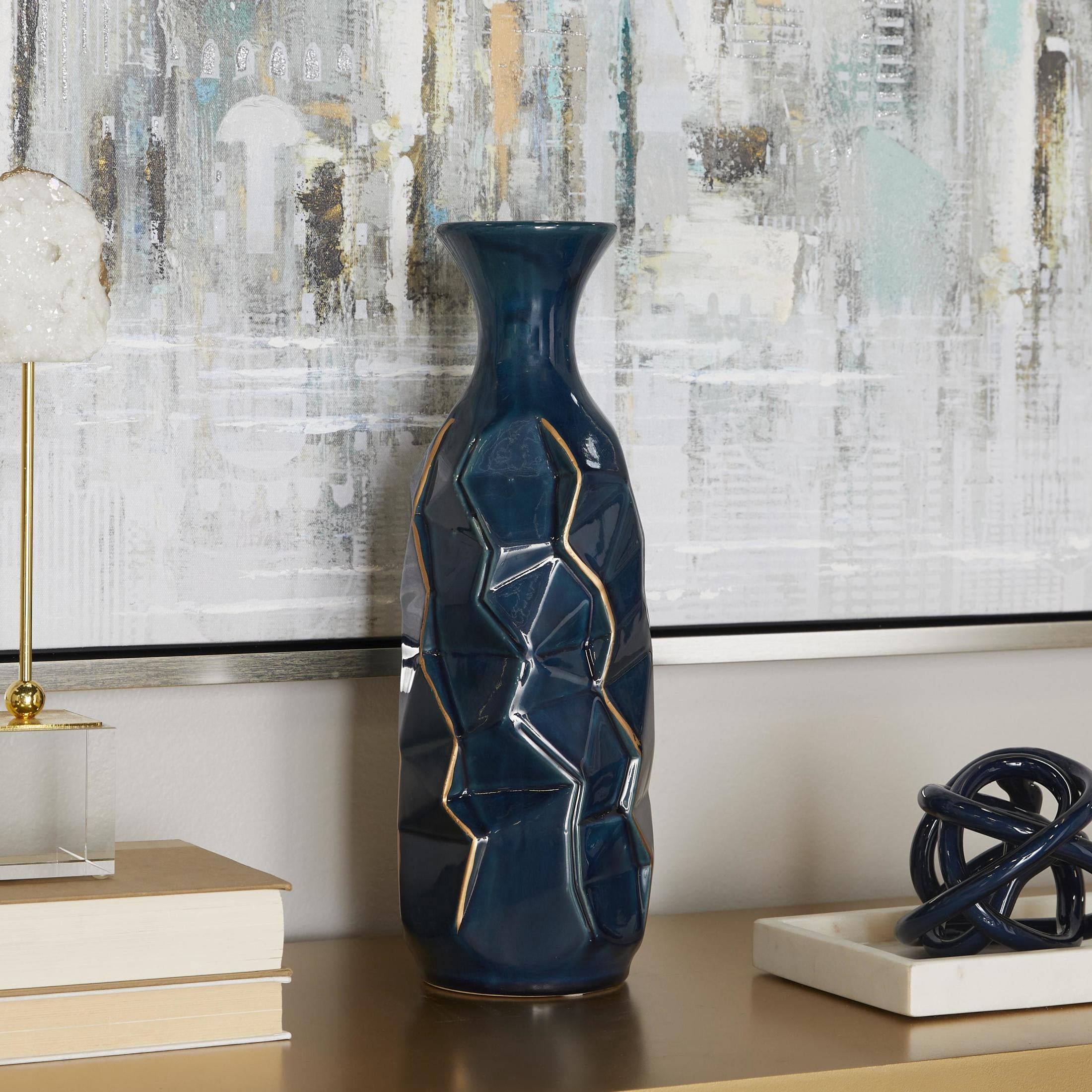 DecMode Blue Ceramic Modern and Coastal Vase 5"W x 15"H, featuring Minimalist Design with clean Lines and Angular Structures