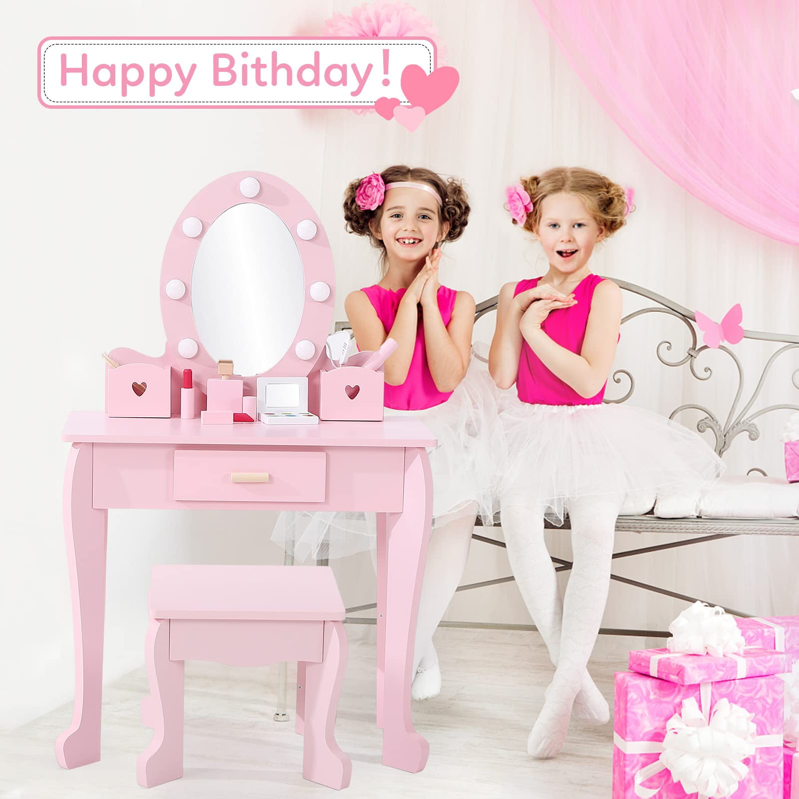 TROPOW Kids Vanity Set with Drawer and Stool, Girls Vanity Set with with Lights and Mirror for Girls, Wood Makeup Playset Birthday for Age 4-9 Years,Pink
