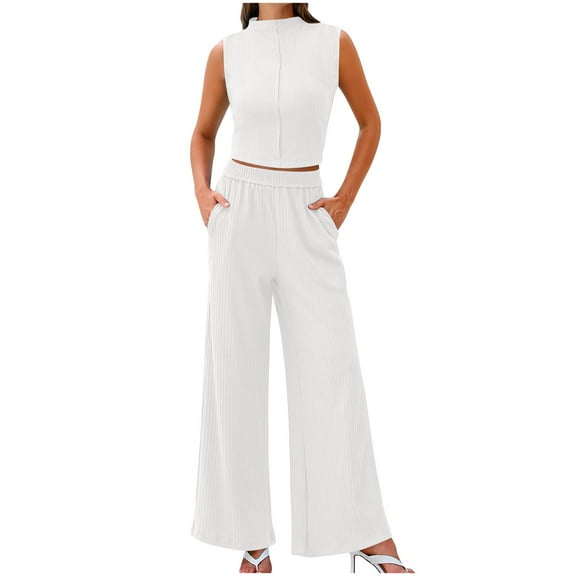 Chbgutlmr Business Casual Outfits for Women 2 Piece Crewneck Tank Tops Wide Leg Pants Ribbed Office Sets