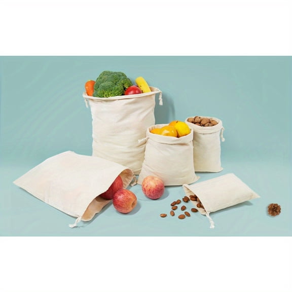 TOP Design 10pcs Set of Reusable Produce Bags: 5 Sizes Available! Muslin Drawstring Bags for Shopping and Storage, Made of Cotton, Washable, & Food-Safe