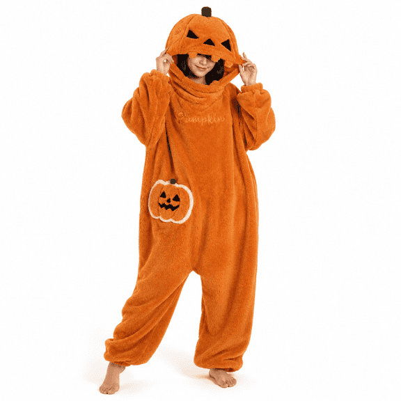 Pumpkin Onesie Halloween Fleece Costume for Women, Oversized Hooded Pumpkin Pajamas, Soft Plush One Piece Jumpsuit for Halloween Party, Cosplay, Lounging and Sleepwear