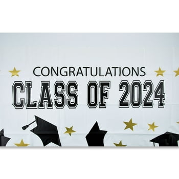 Graduation 2024 Black, White & Gold Backdrop, Class of 2024, 5' x 5', by Way To Celebrate