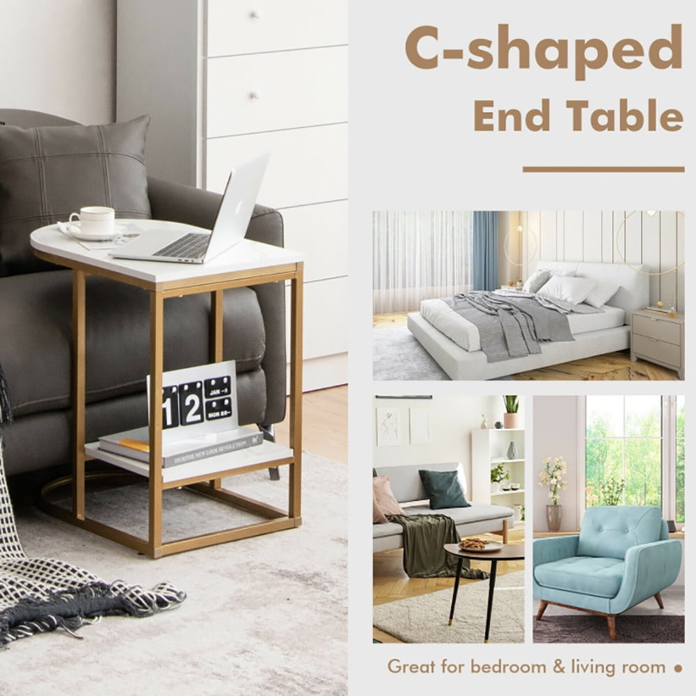 Finihen Side Table, C-shaped Side Table with Faux Marble Tabletop and Golden Steel Frame, Sofa Side Table, Bed Side Table, for Living Room, Bedroom, White