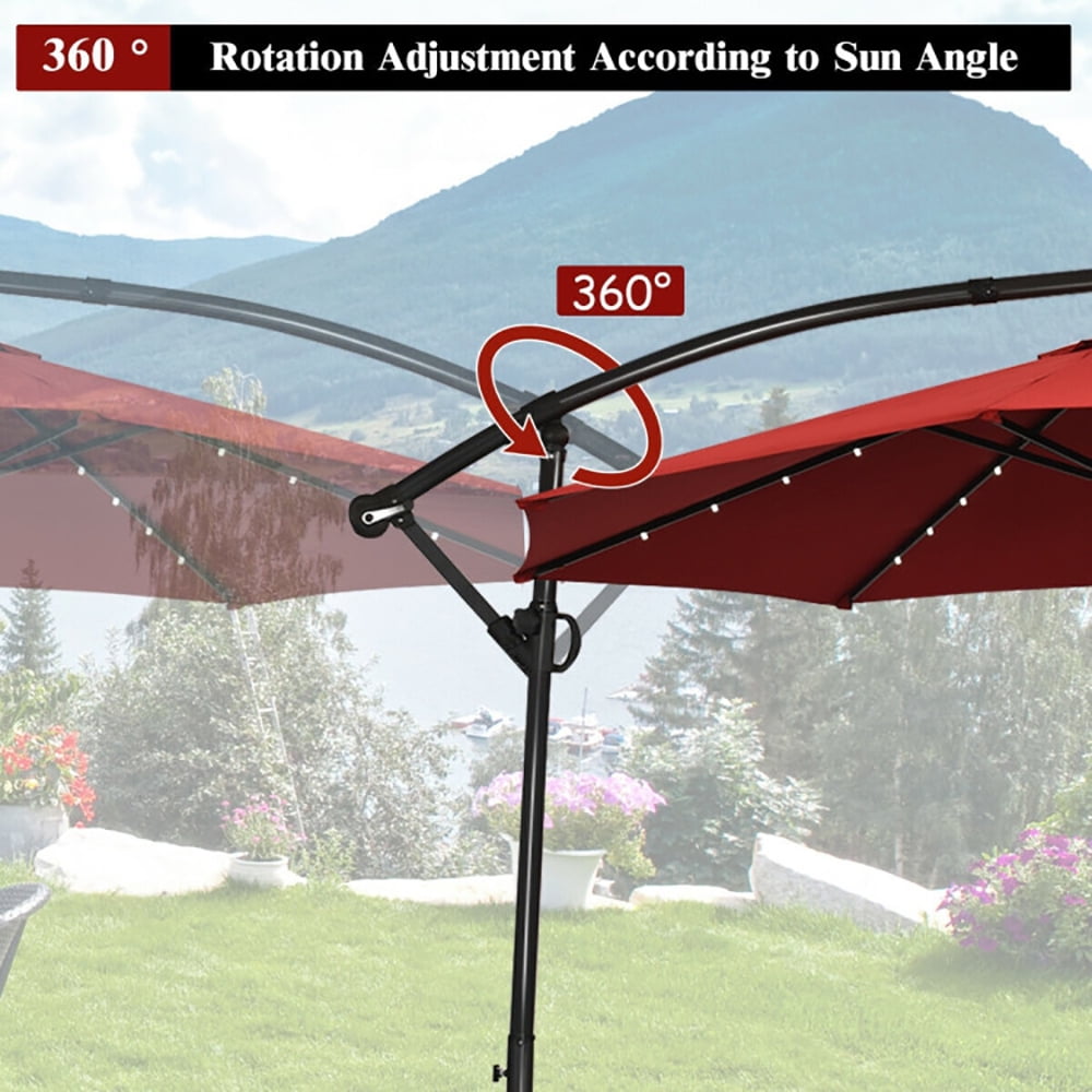 Aimee Lii 10 ft 360° Rotation Solar Powered LED Patio Offset Umbrella without Weight Base, Outdoor Umbrellas for Patio, Red Aimee Lii 10 ft 360° Rotation Solar Powered LED Patio Offset Umbrella without Weight Base, Outdoor Umbrellas for Patio, Red