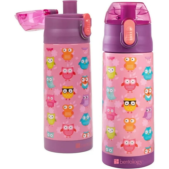Bentology Stainless Steel 13oz Insulated Kids Water Bottle w Built In Straw- Easy to Open, Reusable BPA-Free, Fits in Most Lunch Boxes for Boys, Girls, School, Sports, Camp- Keep Drink Cold All Day